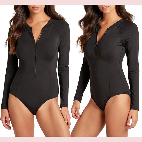 NEW $125 Sea Level [ 14 US ] Front Zip Long Sleeve‎ One Piece Swimsuit Black - Picture 2 of 12